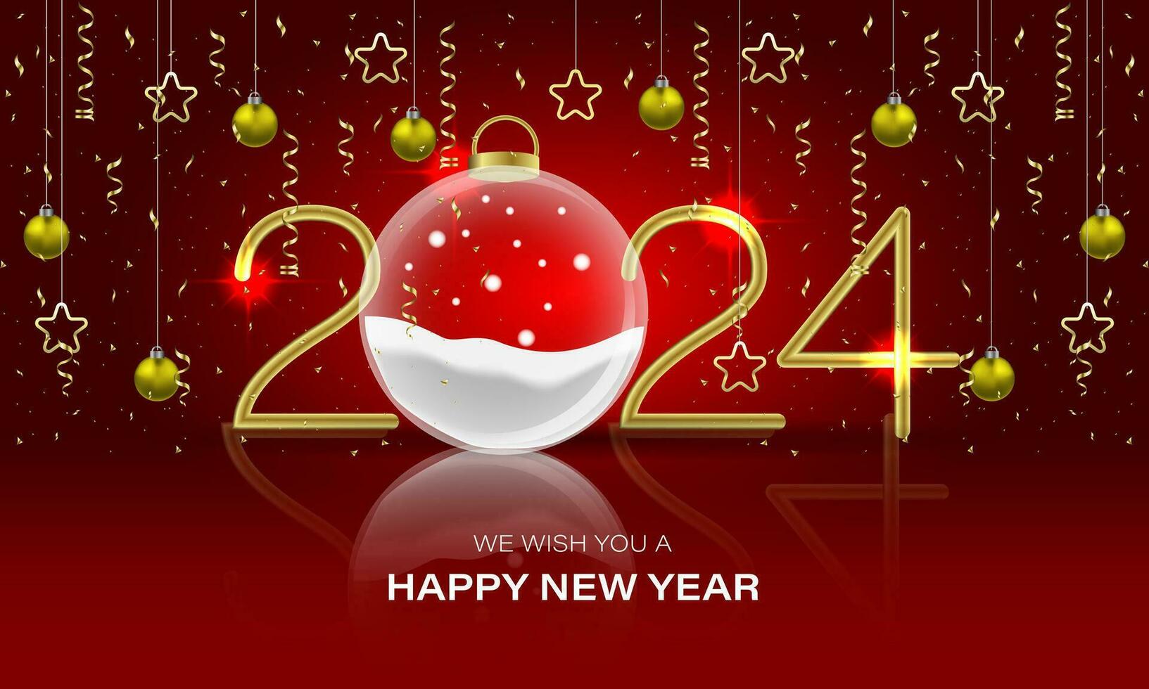 Happy New Year 2024 gold number stars glass ball circle on red luxury design for holiday festival celebration countdown background vector