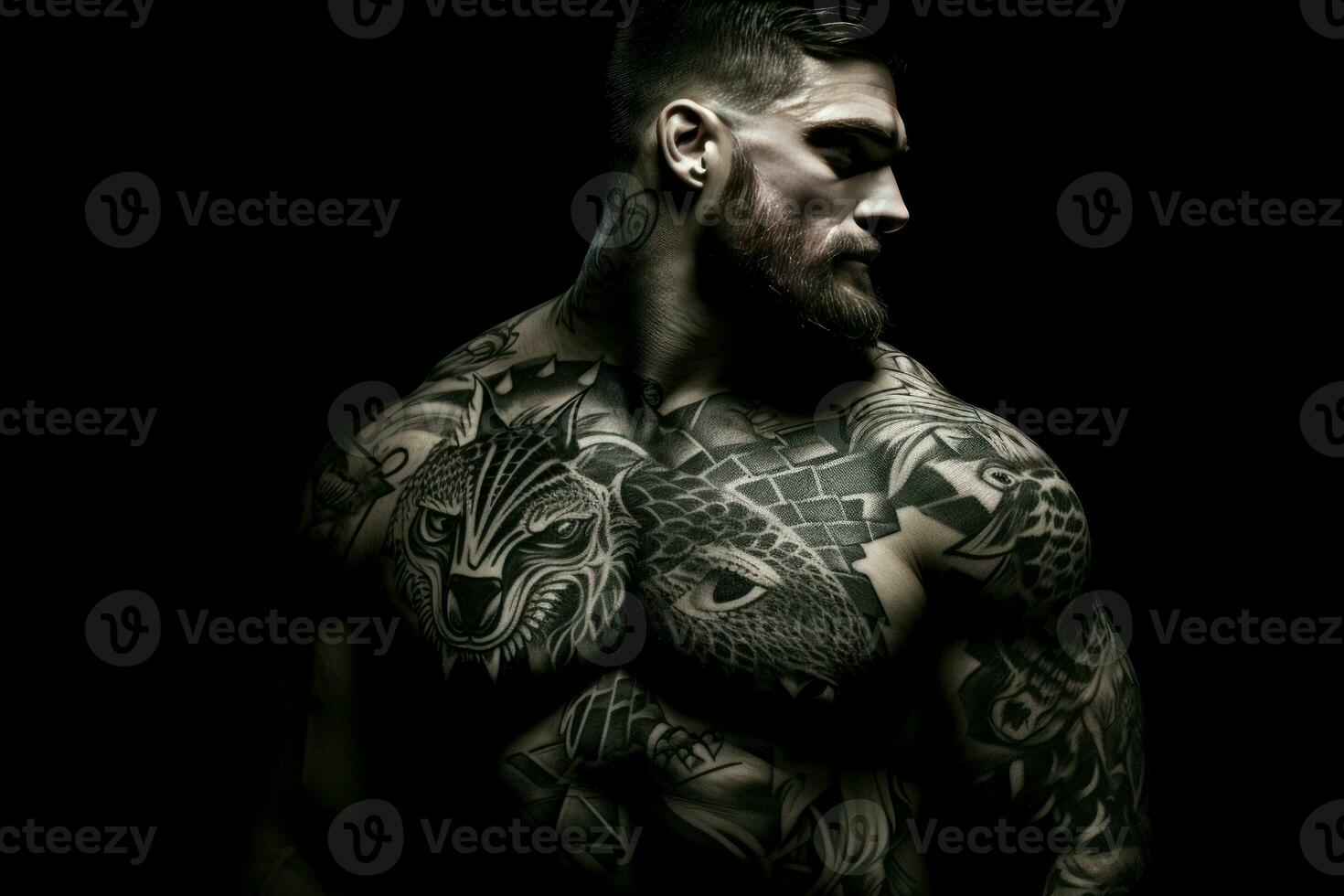 AI generated Bold Man tattoos muscle. Generate Ai photo