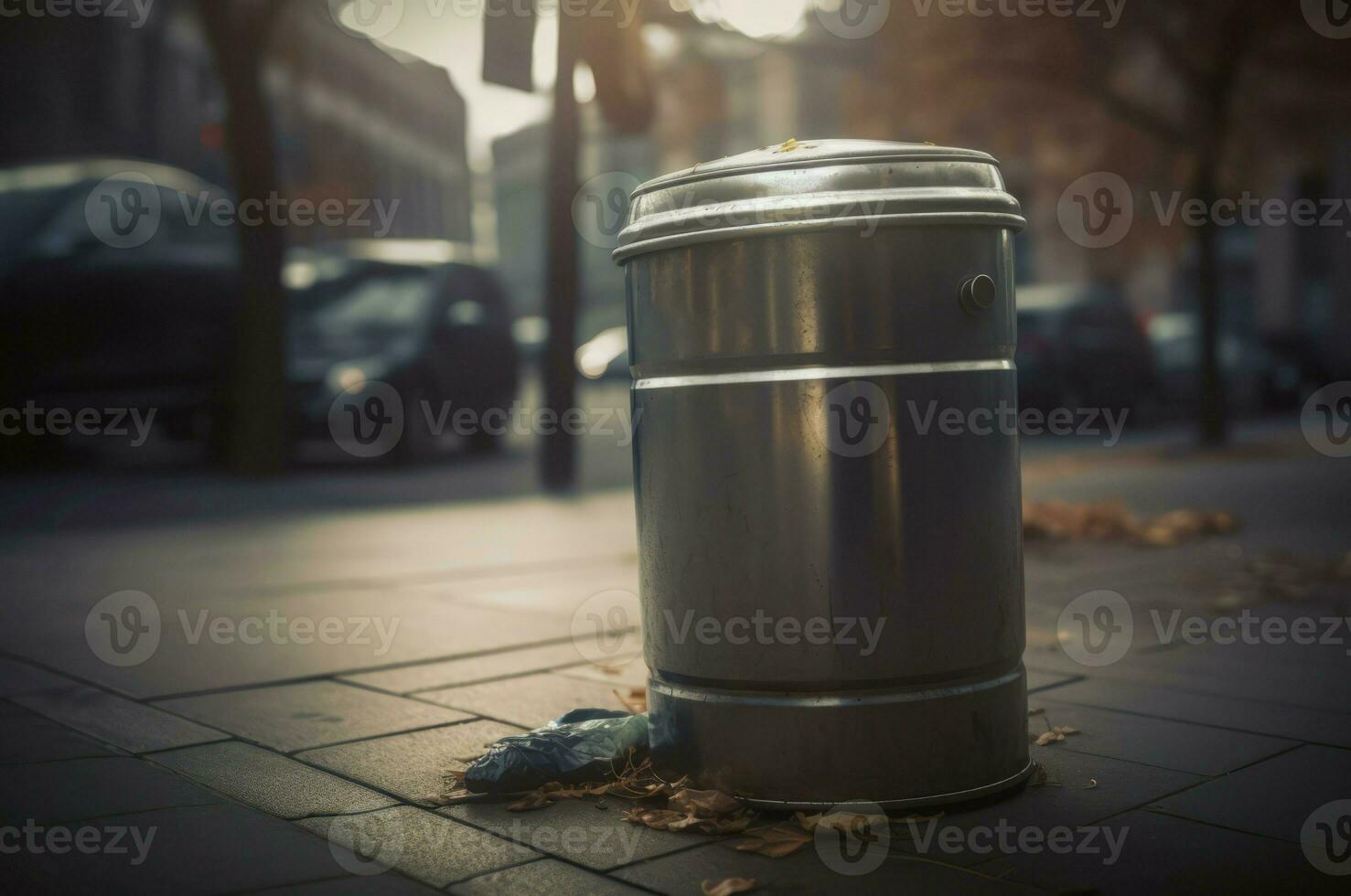 AI generated Metallic trash bin on urban street closeup photo. Generate ai photo