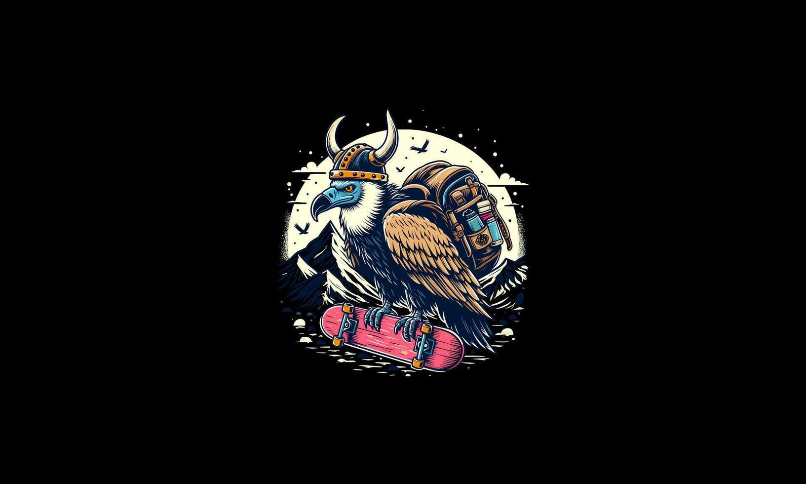 vulture wearing hat viking and backpack vector artwork design