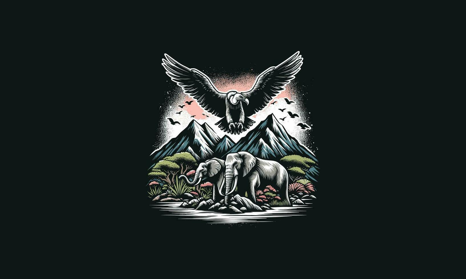 flying vulture and elephant on mountain vector artwork design