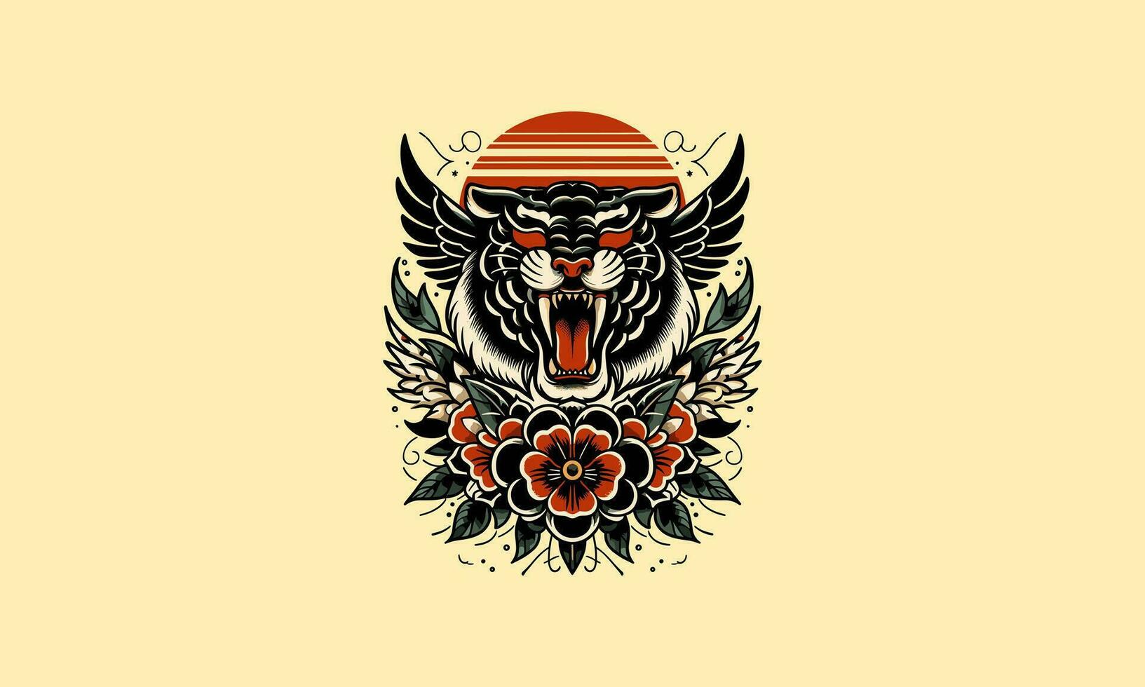 head tiger and wings and flowers vector tattoo design