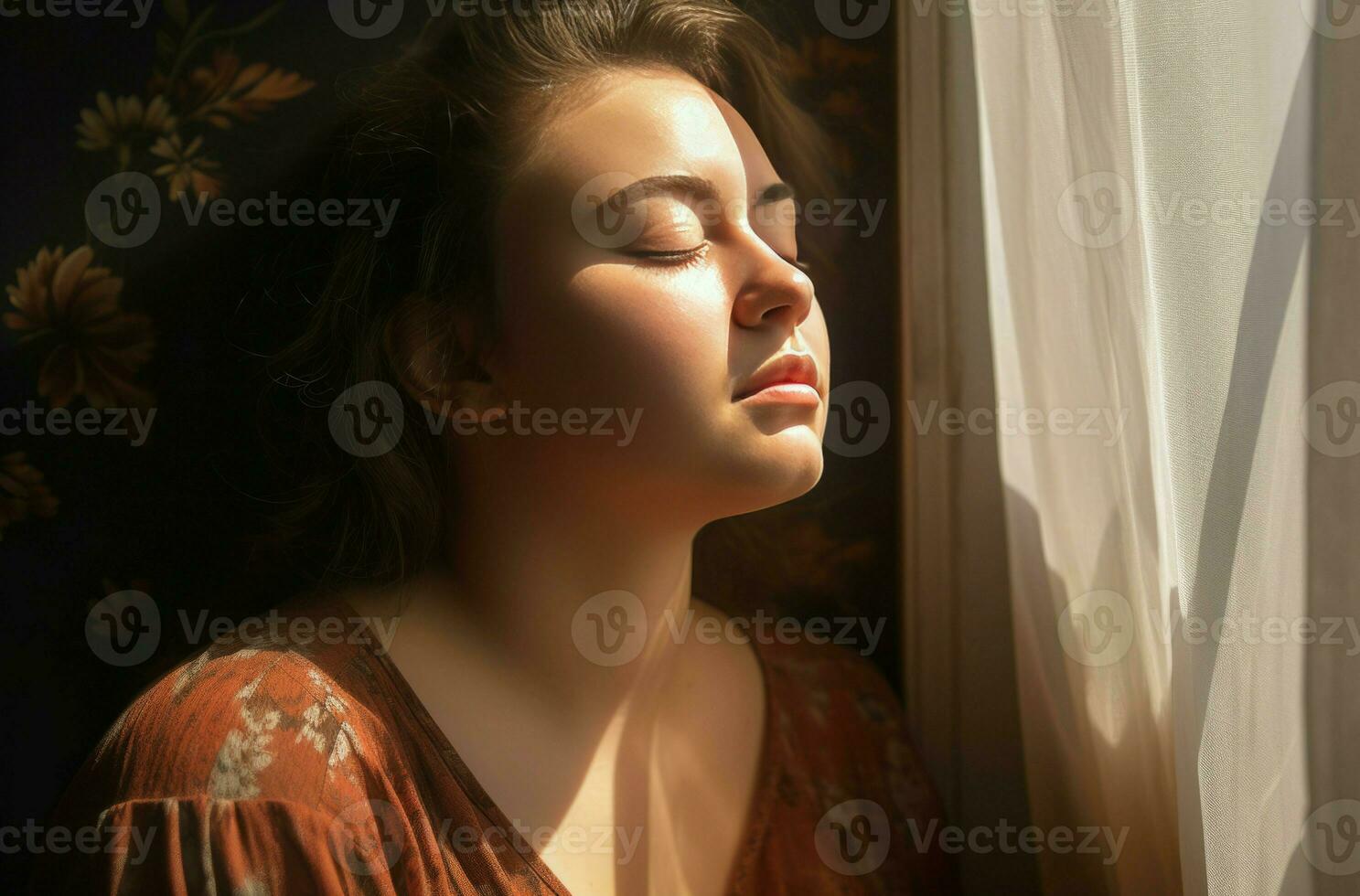 AI generated Woman at the window enjoys sun light. Generate ai photo