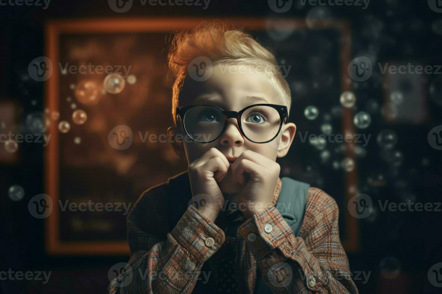 AI generated Young curious boy with eyeglasses posing near chalkboard. Generate ai photo