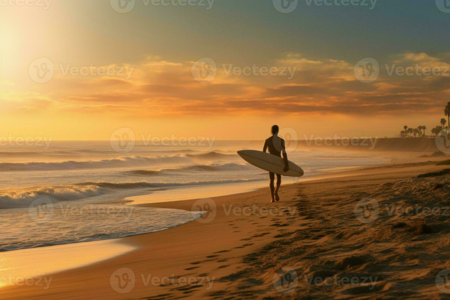 AI generated Bronzed Man surfboard beach. Generate Ai photo