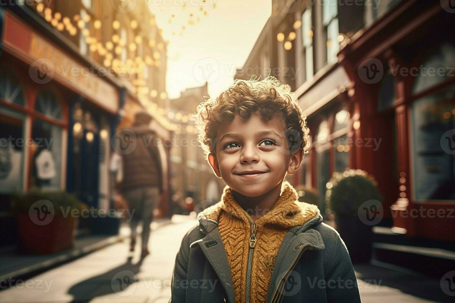 AI generated Curly kid playing on city streets. Generate ai photo