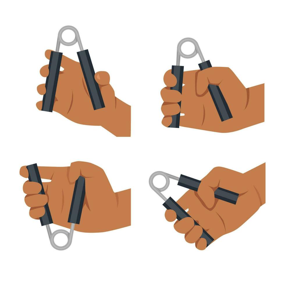 Man doing hand grip exercise set. vector