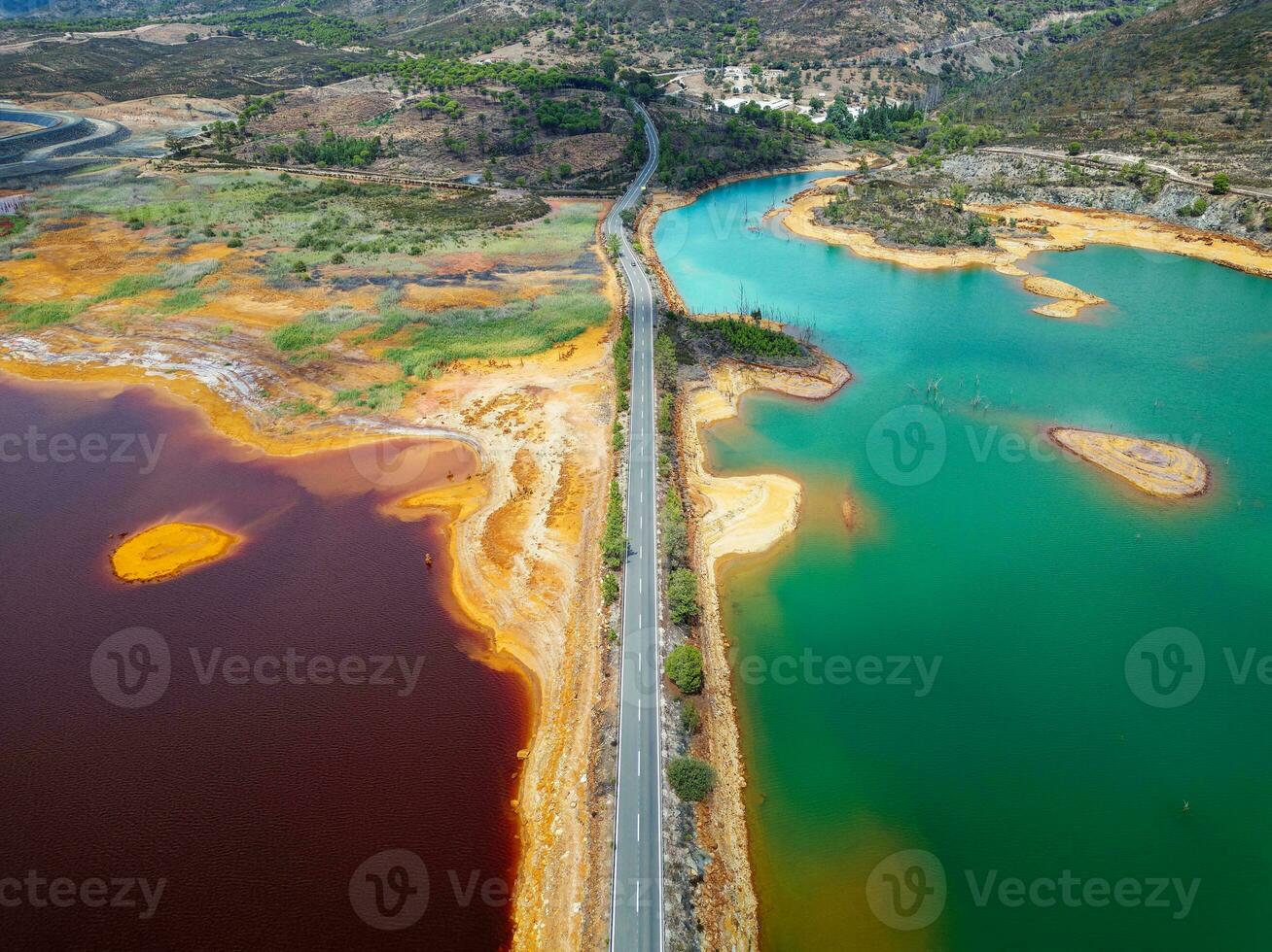 Aerial drone view of Mining activity. Apocalypse scenery. Earth destruction. Disruption of nature.  Extracting natural resources from the Earth to sell on the world market. Ecological disaster. photo