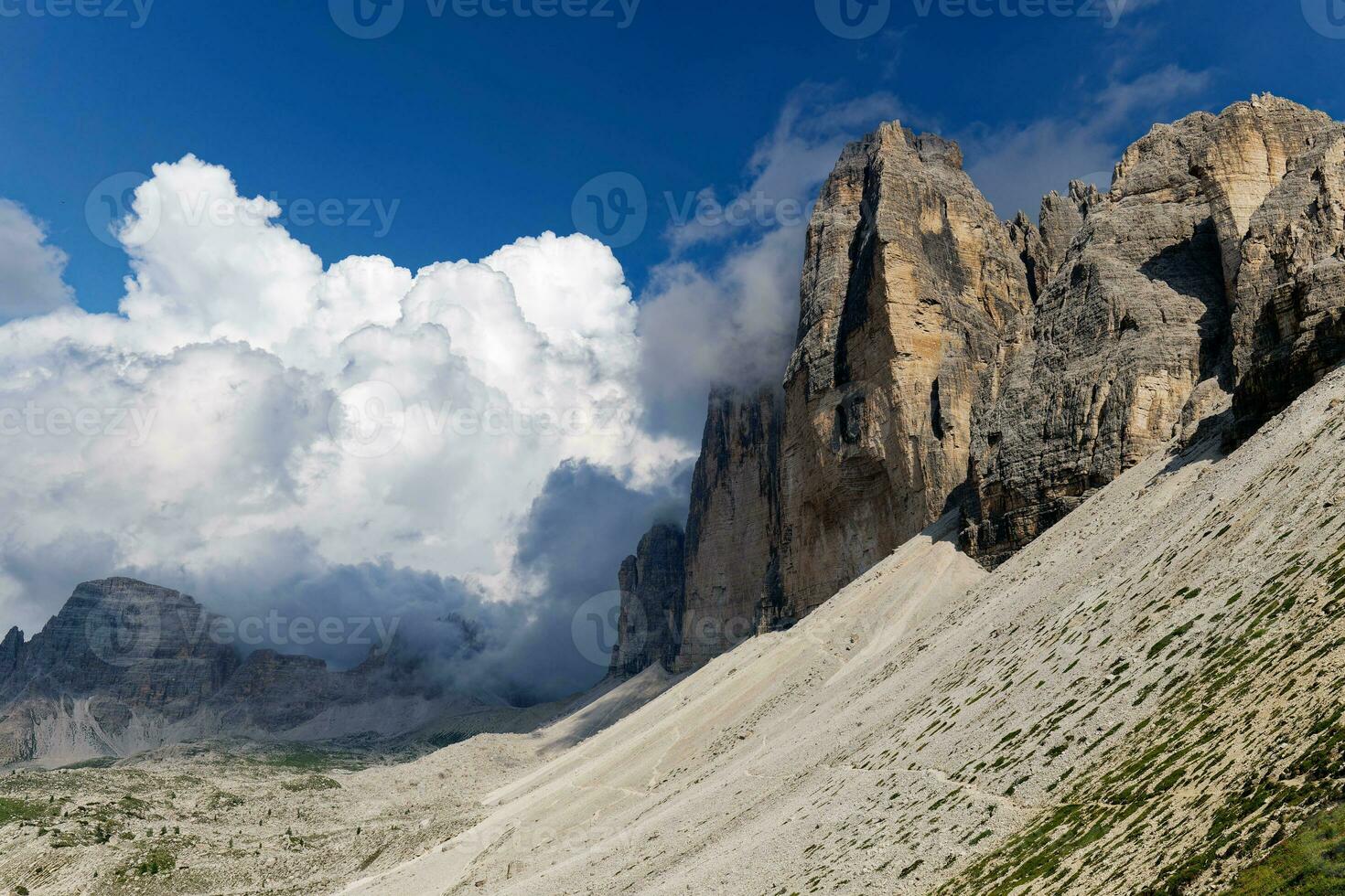 View of Tre Cime di Lavaredo mountain  in the Dolomites, Italy. Very famous places for hiking and rock climbing. photo