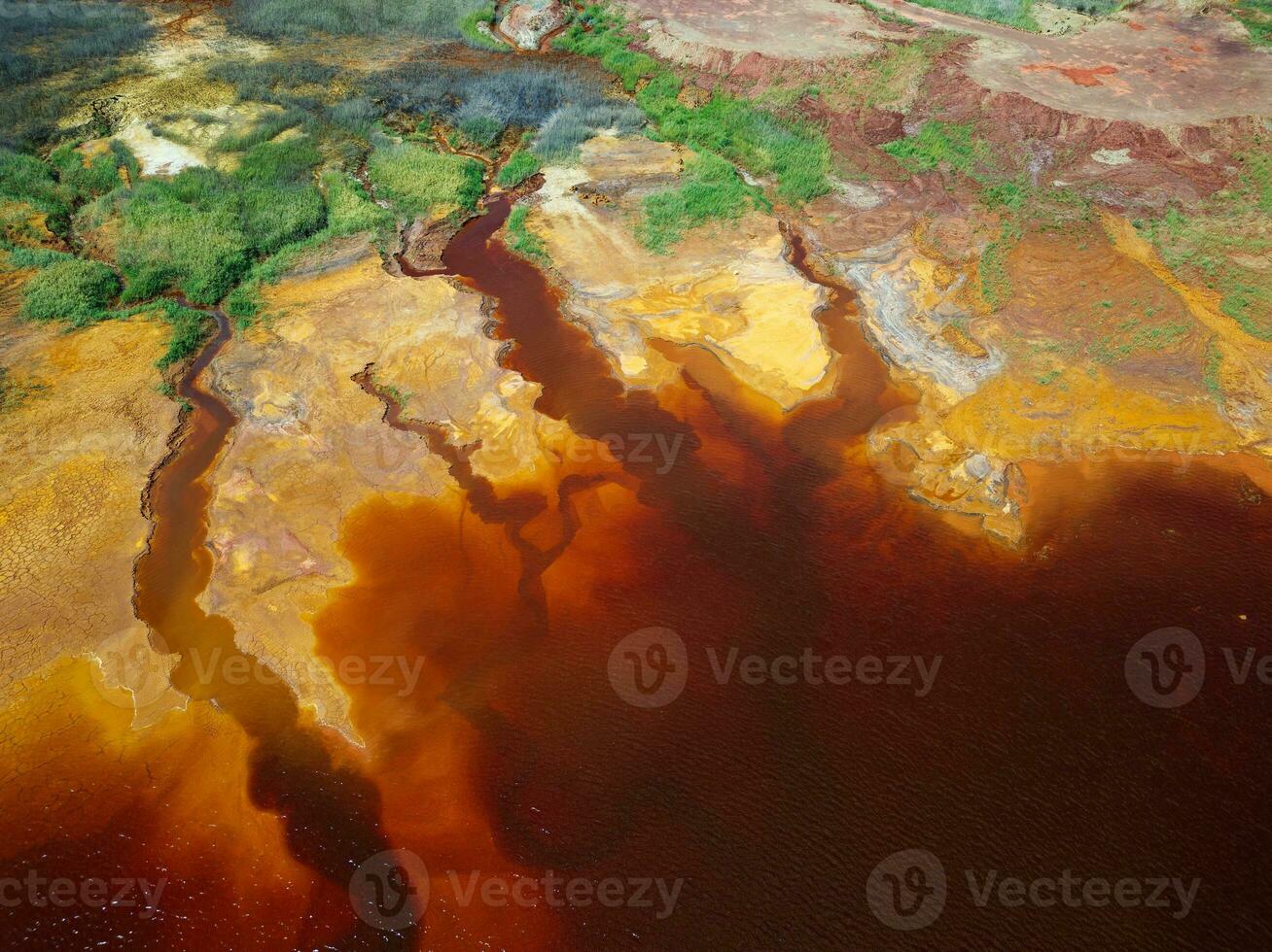 Aerial drone view of Mining activity. Apocalypse scenery. Earth destruction. Disruption of nature.  Extracting natural resources from the Earth to sell on the world market. Ecological disaster. photo