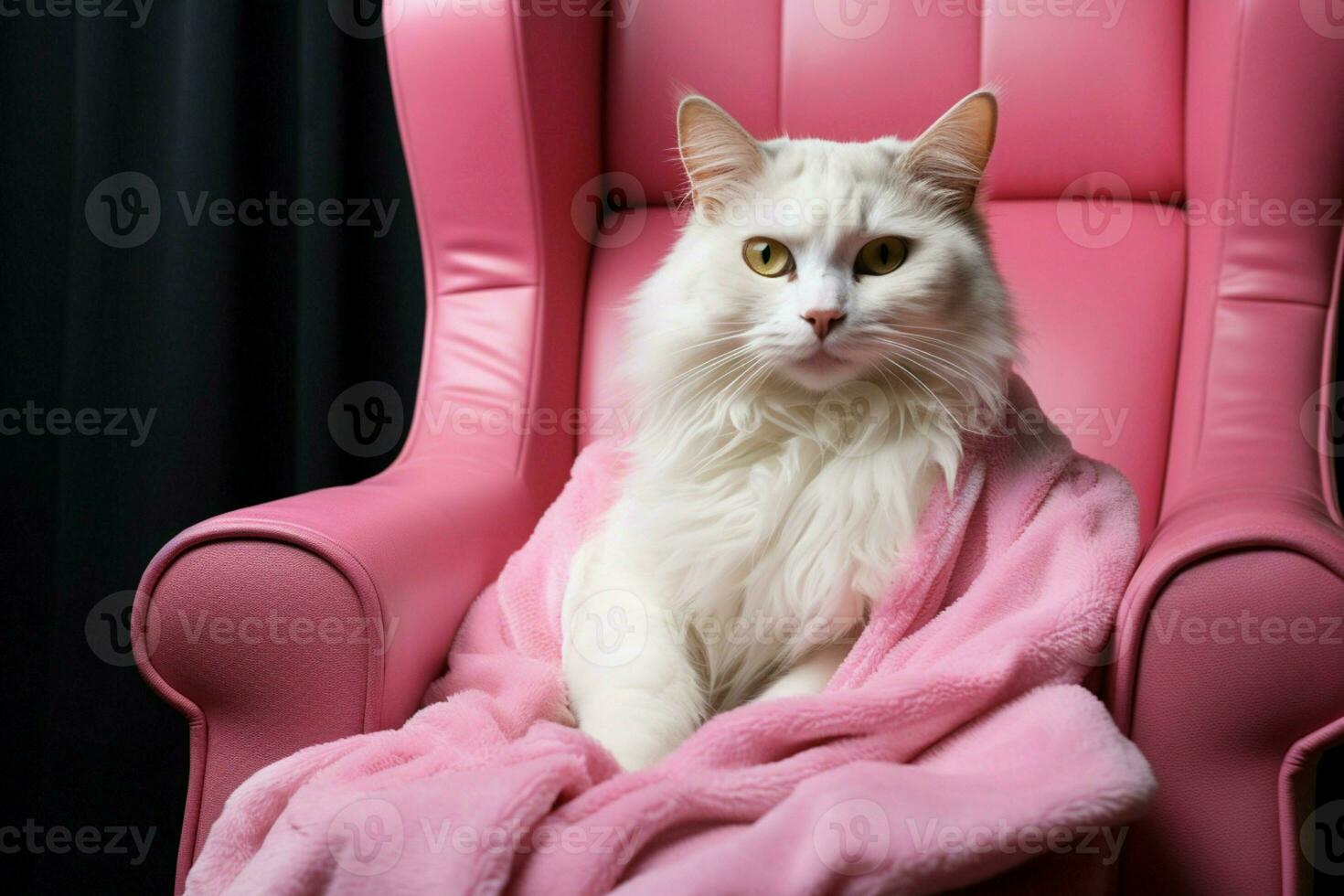 AI generated Cat lounges on pink armchair Pets spa, grooming, ultimate relaxation photo