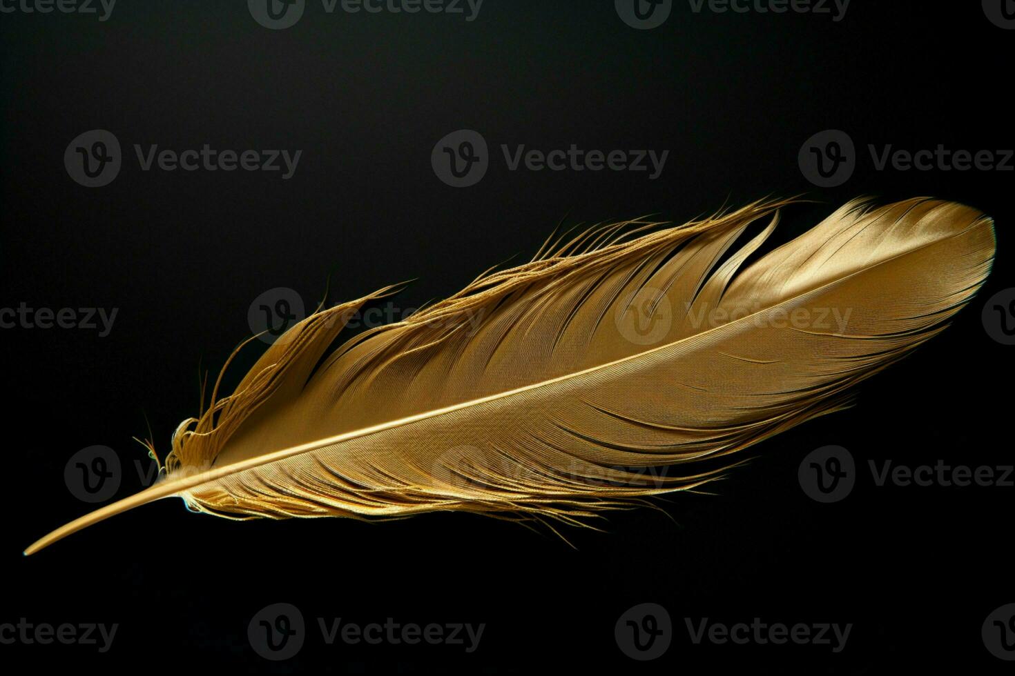 ai generado elegante modelo dorado plumas en negro fondo, Moda y belleza foto