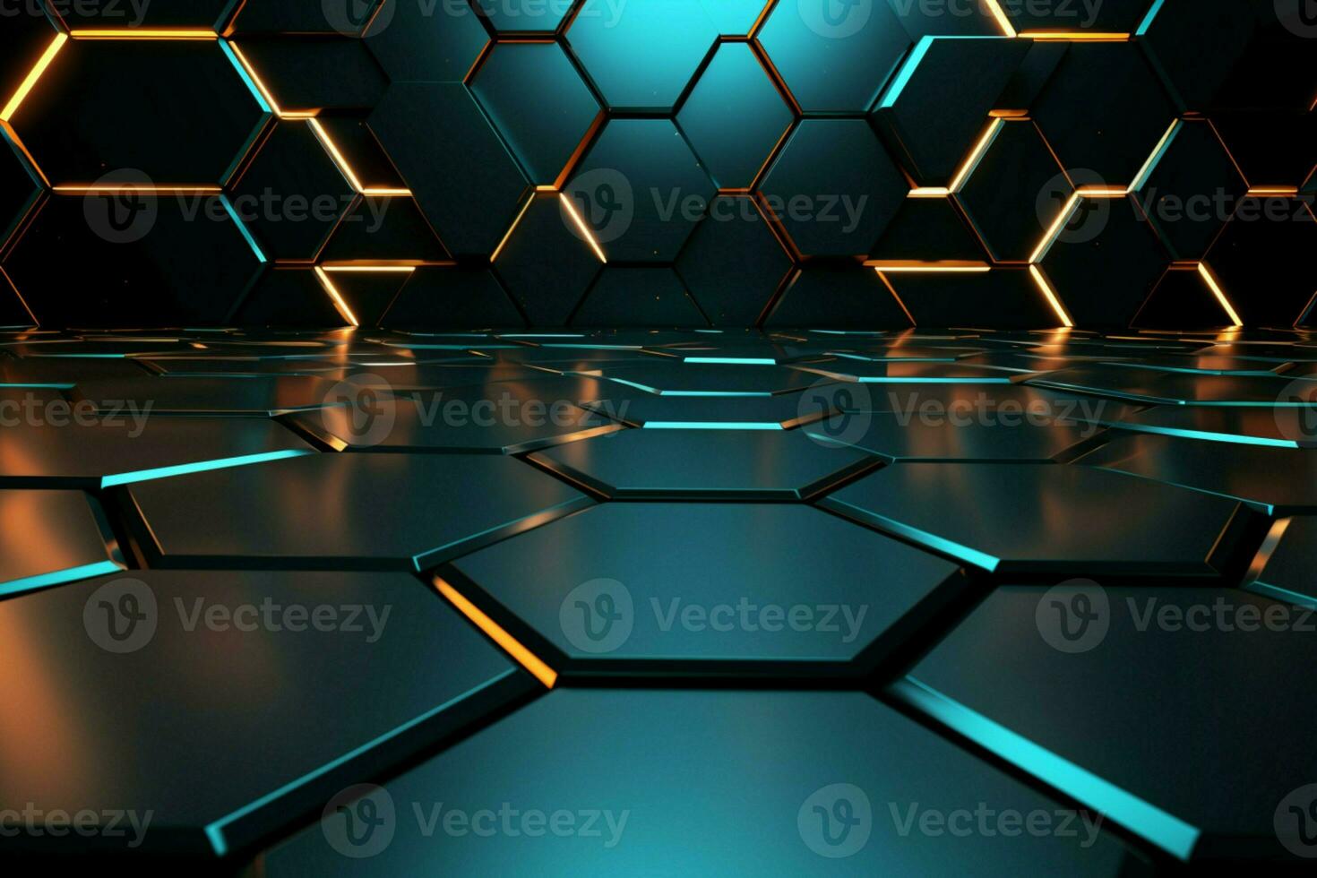 AI generated Hexagon patterned floor Abstract 3D rendering blends artistry and futuristic aesthetics photo