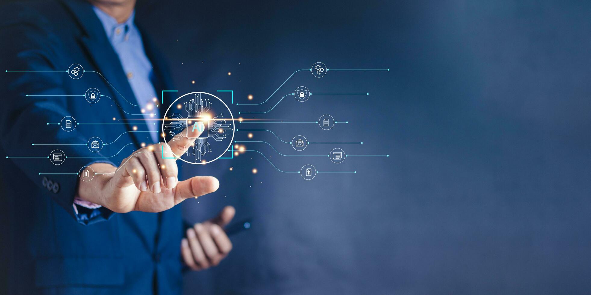 Ai technology, Artificial Intelligence. man using technology smart robot AI, artificial intelligence by enter command prompt for generates something, Futuristic technology transformation. Chat with AI photo