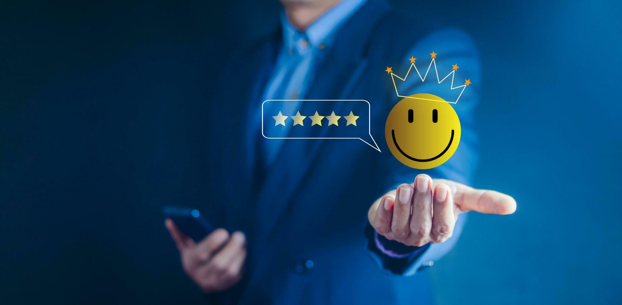 Customer Experience Concept, Best Excellent Services Rating for Satisfaction present by Hand of Client Showing excellent rating Five Star. Review, feedback, good, the best of product and service photo