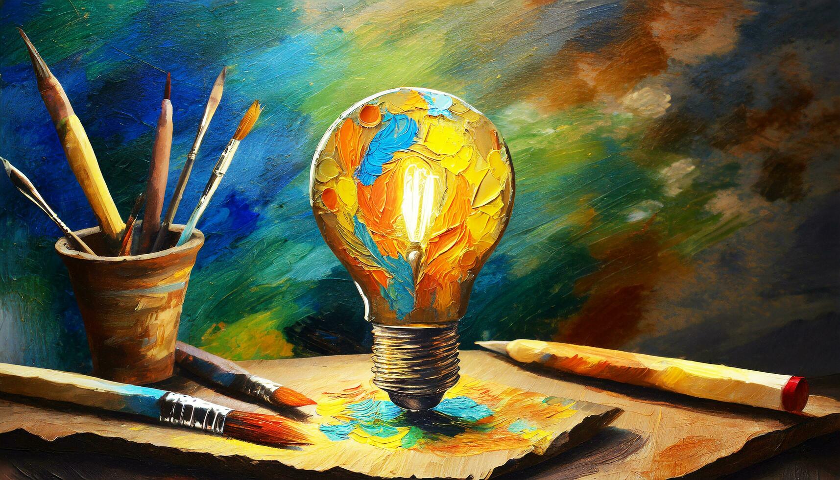 AI generated Creativity cocnept, with lightbulb made from oil paint mix. photo