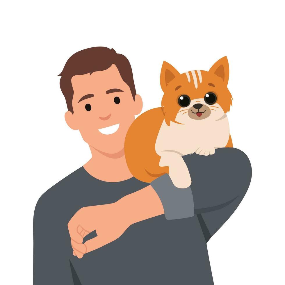 Young man carrying a cute cat. Portrait of happy pet owner. vector