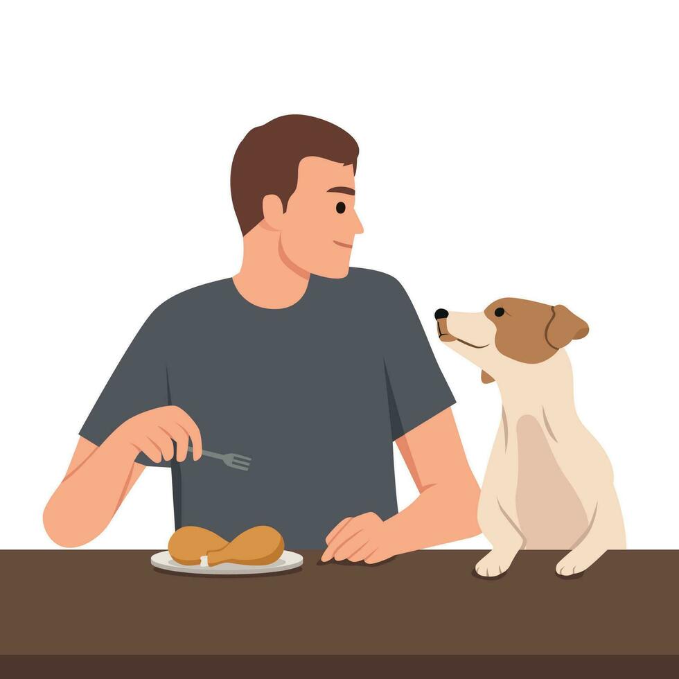 Smiling man giving food chicken drum to excited dog. Happy guy feed pet with packaged meal. vector