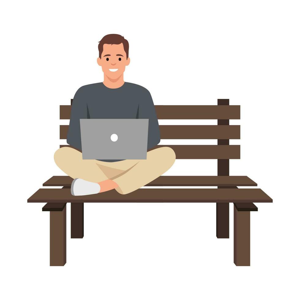 Young man sitting in the park on the bench and working with laptop. vector