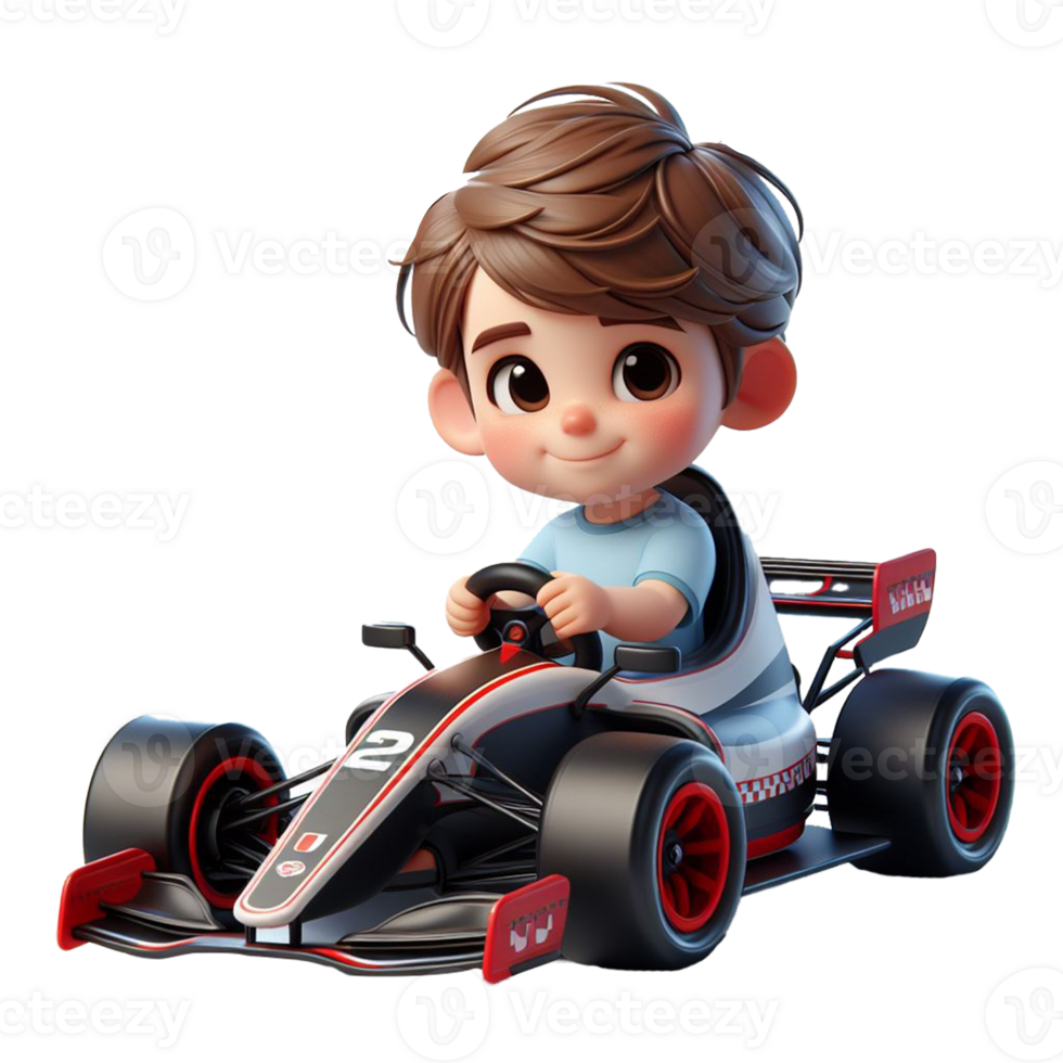 AI generated Beautiful 3d cartoon boy riding a racing car. Children's sports car in transparent png