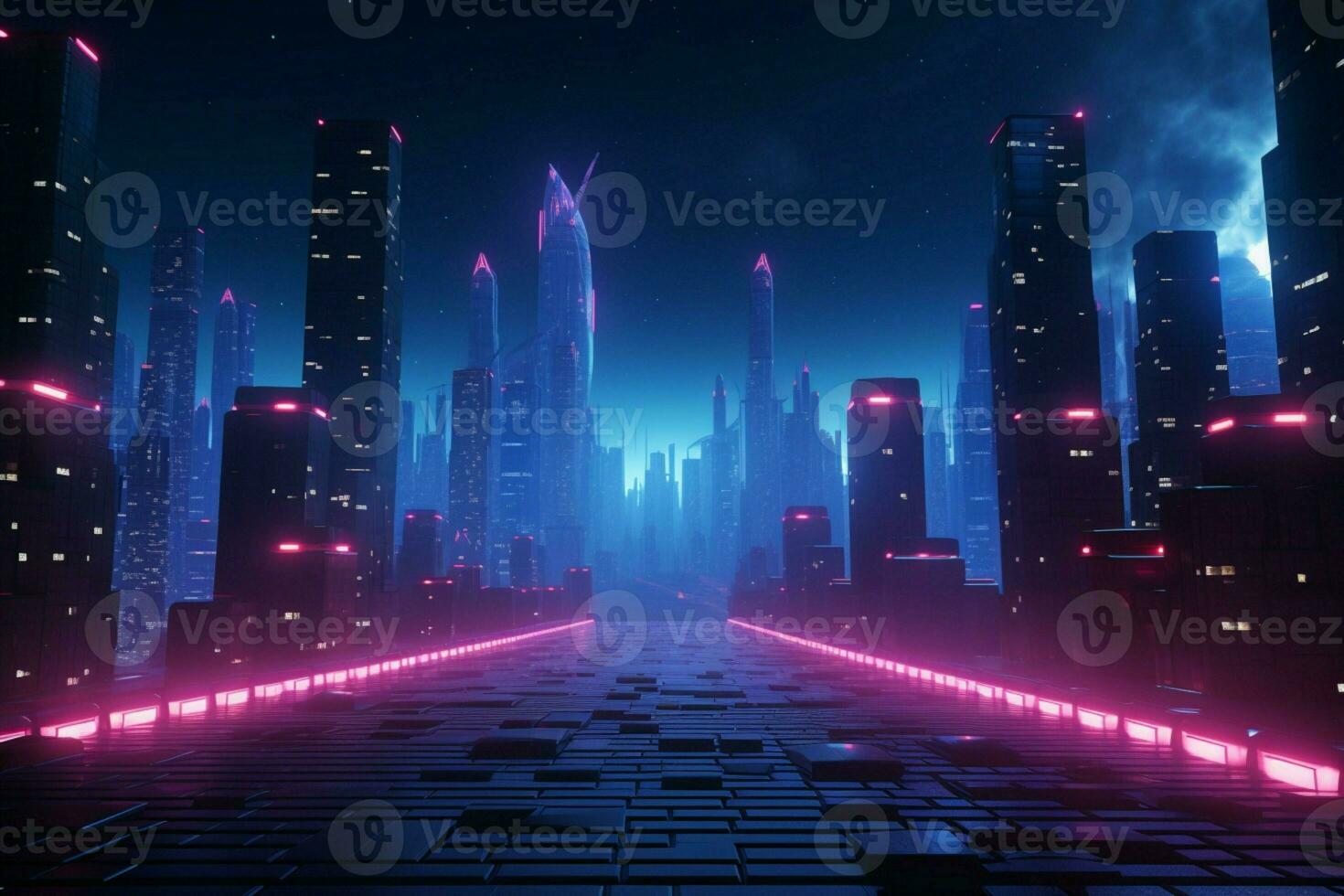 AI generated Glowing 3D scene Cyberpunk night cityscape, epitome of future aesthetics photo