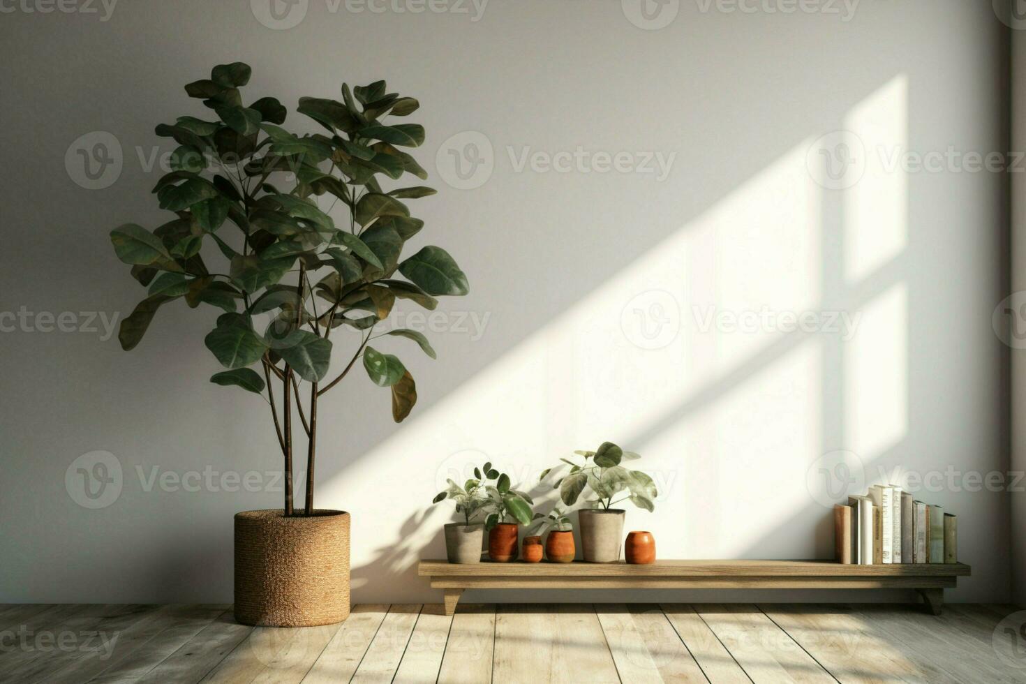 AI generated Artistic 3D depiction light filled room, adorned with a lush plant photo