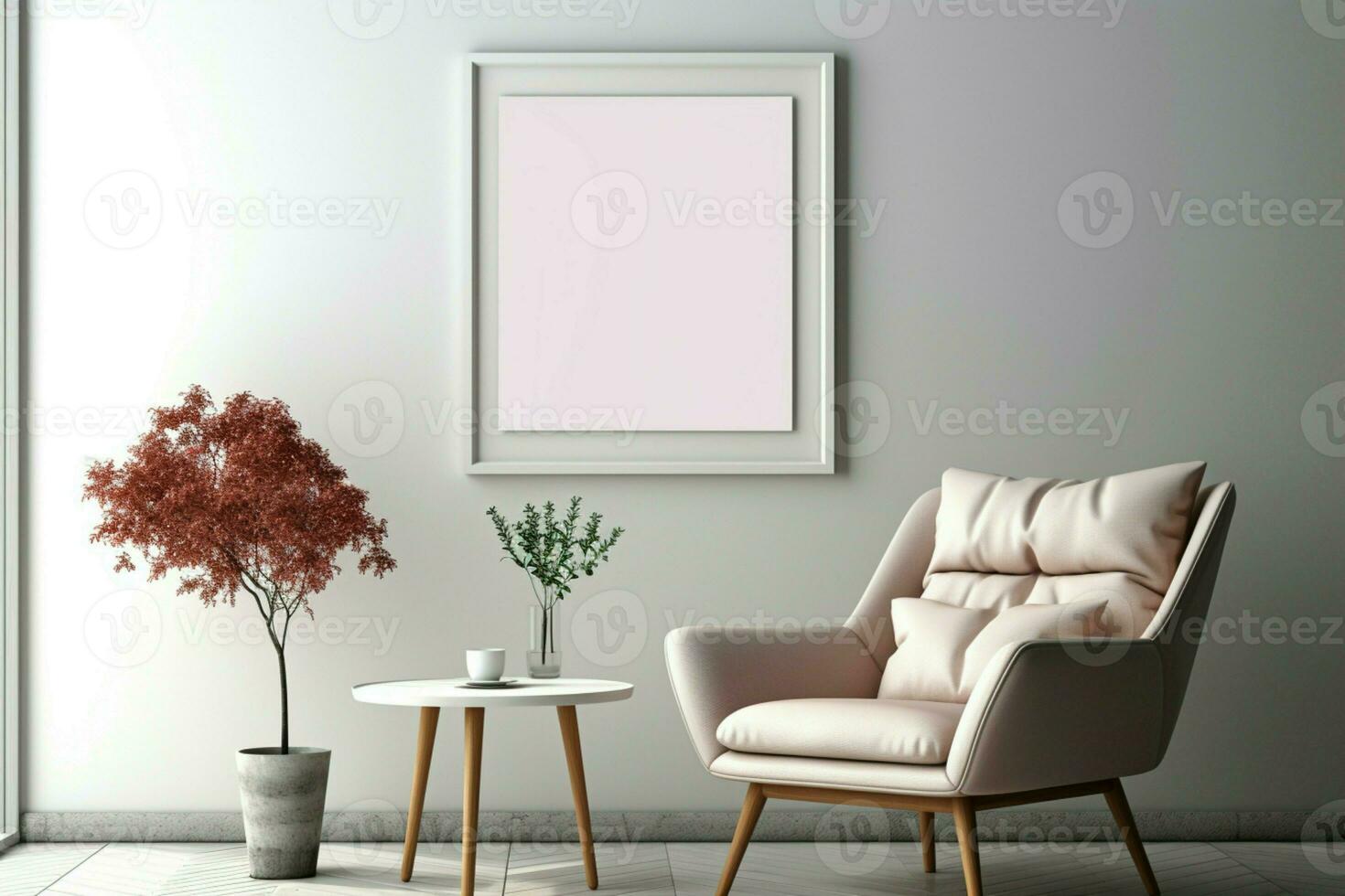 AI generated Scandi style elegance Empty frame mockup in serene white wall interior photo