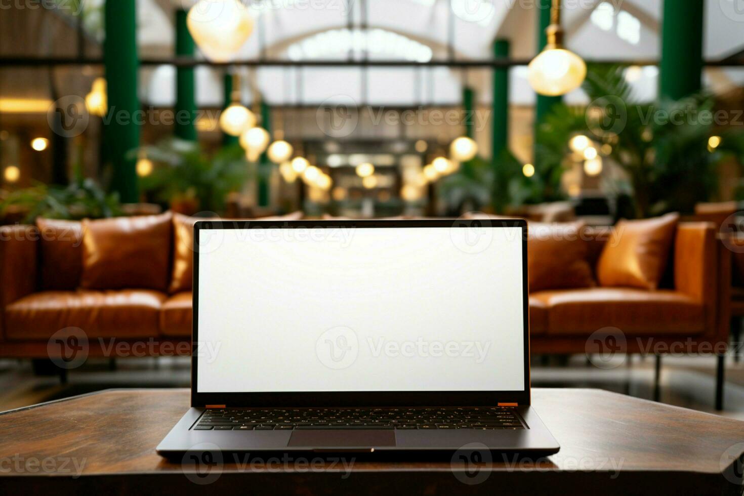 AI generated Hotel reception mockup Laptop in lounge area, blank copyspace screen photo