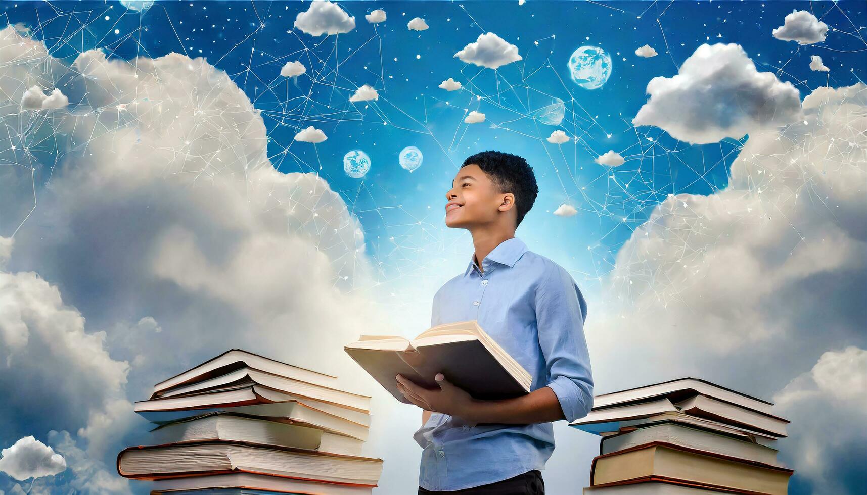 AI generated a young guy among books and clouds, the world of dreams, reading literature. photo