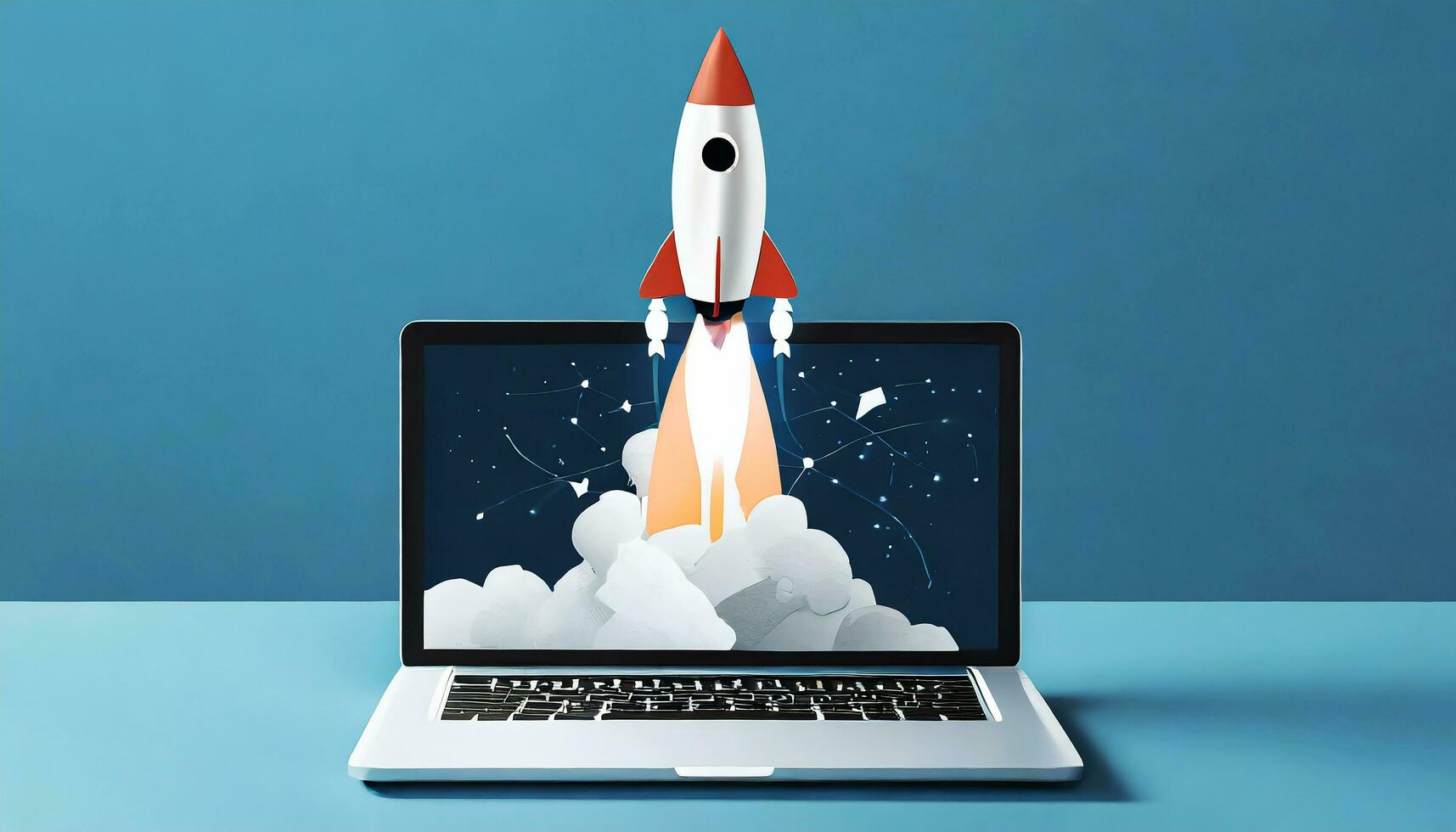 AI generated Laptop and rocket flying from the screen, blue background with space for text, startup concept photo