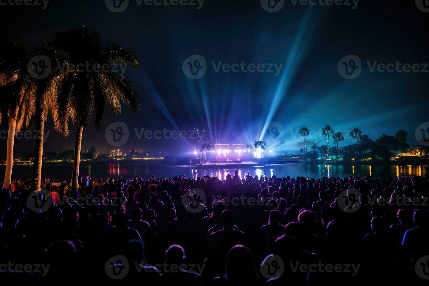 AI generated cheering crowd at concert in front of bright lights on beach . AI generative photo