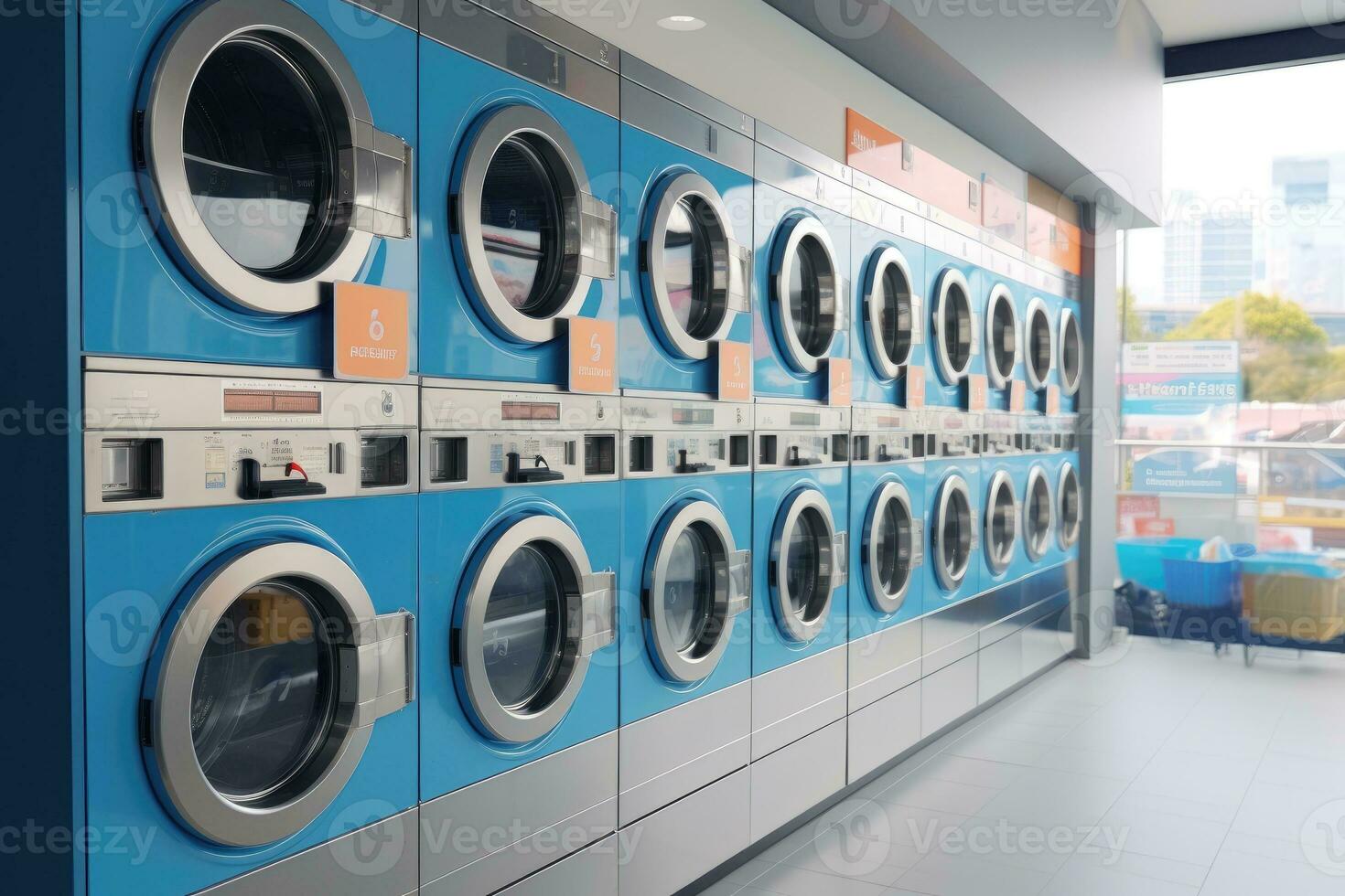 AI generated clothes in basket at laundry shop with Modern washing machine .Generative AI photo