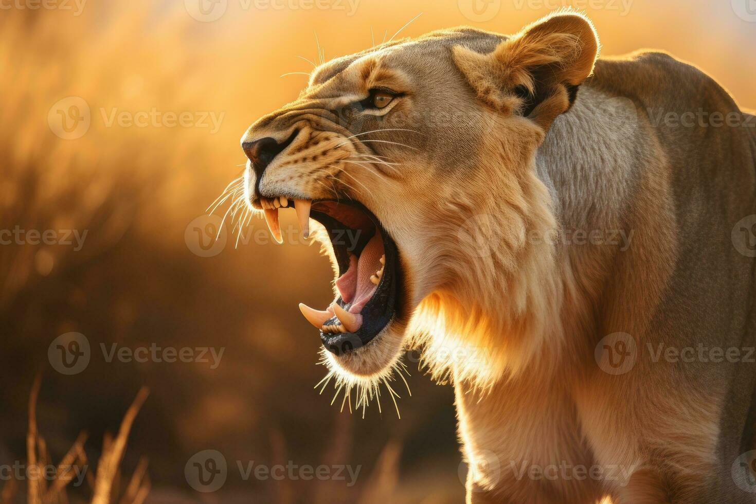 AI generated Close-up of an angry roaring lion ready to attack. Generative AI photo