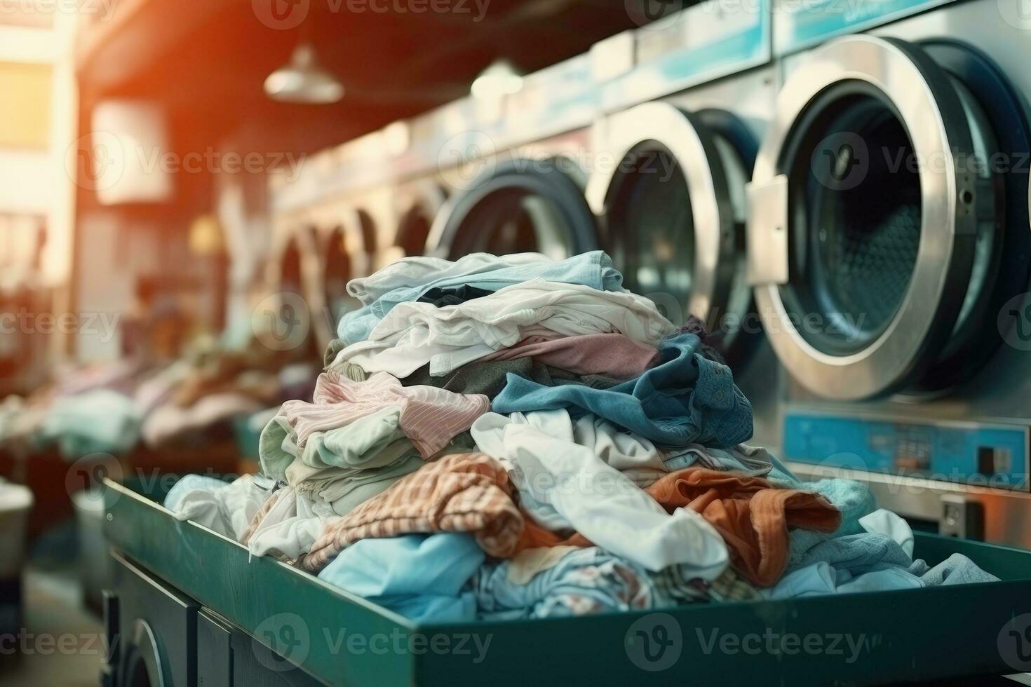 AI generated clothes in basket at laundry shop with Modern washing machine .Generative AI photo