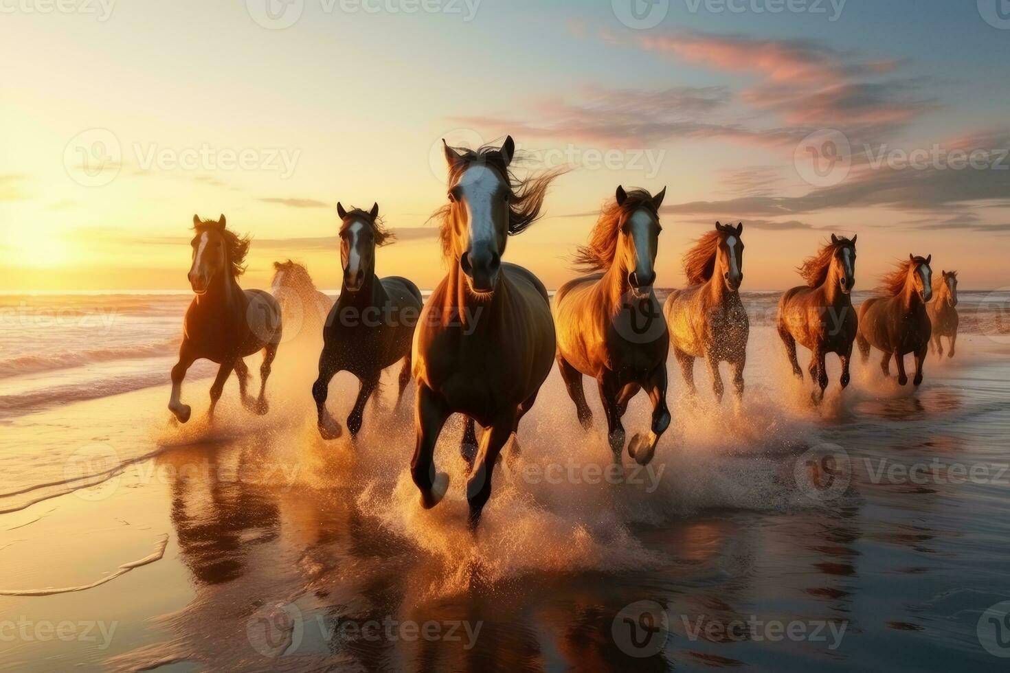 AI generated horses running on beach through sea water at sunset. generative AI photo