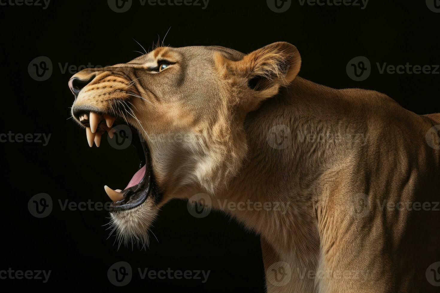 AI generated Close-up of an angry roaring lion ready to attack. Generative AI photo