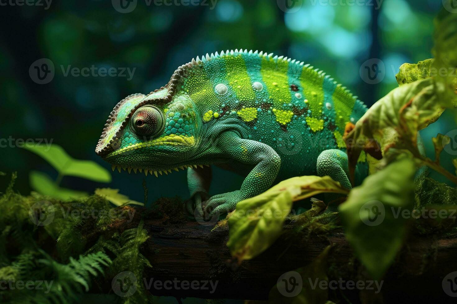 AI generated Incredibly cute colorful chameleon lizard on the green tree. Ai generated. photo