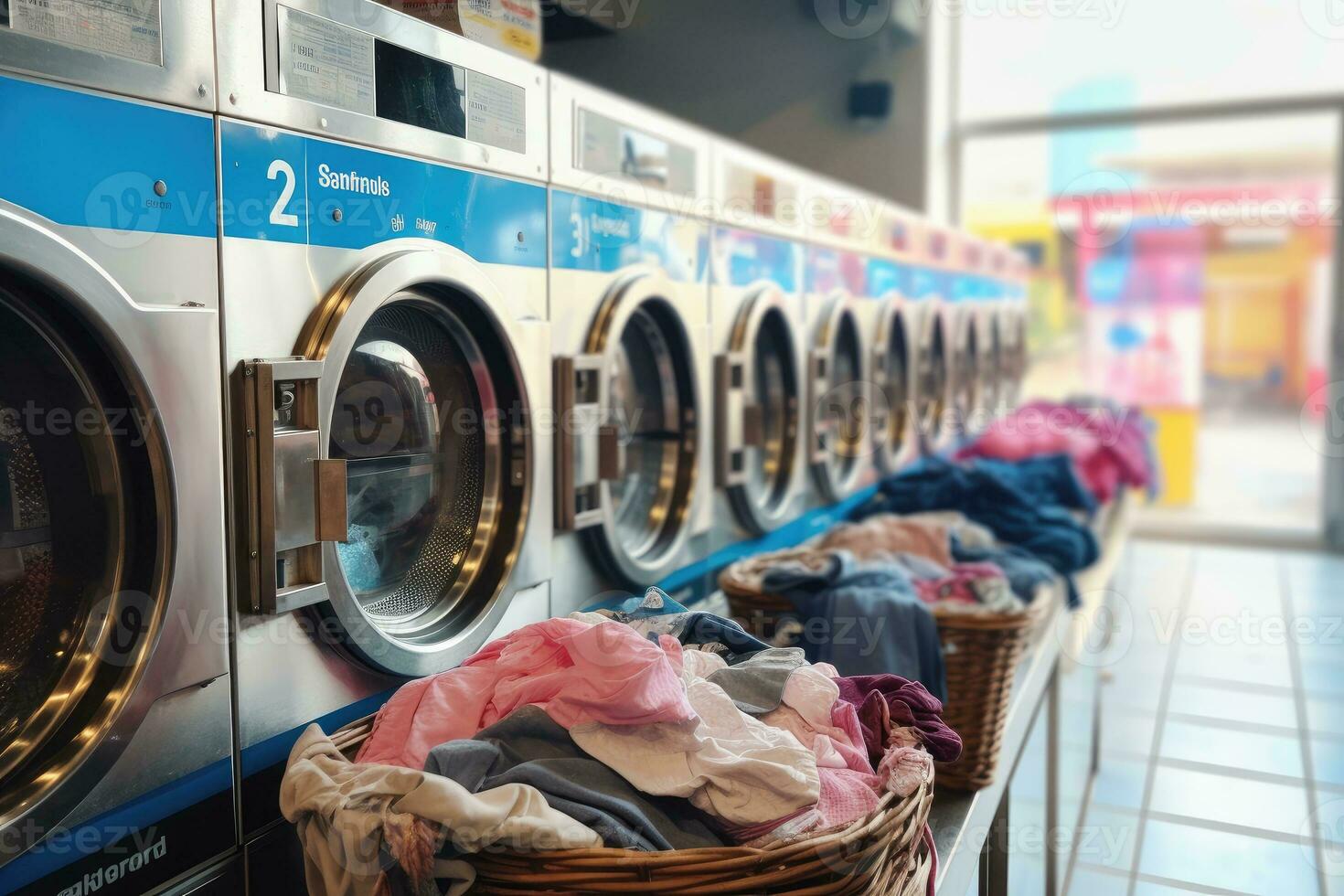 AI generated clothes in basket at laundry shop with Modern washing machine .Generative AI photo