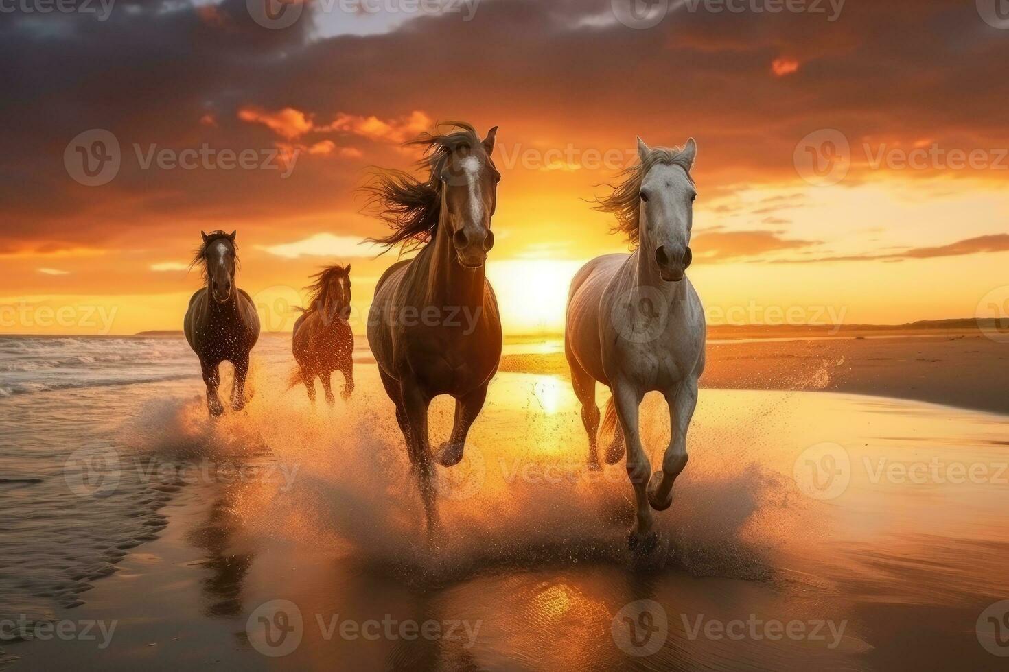 AI generated horses running on beach through sea water at sunset. generative AI photo