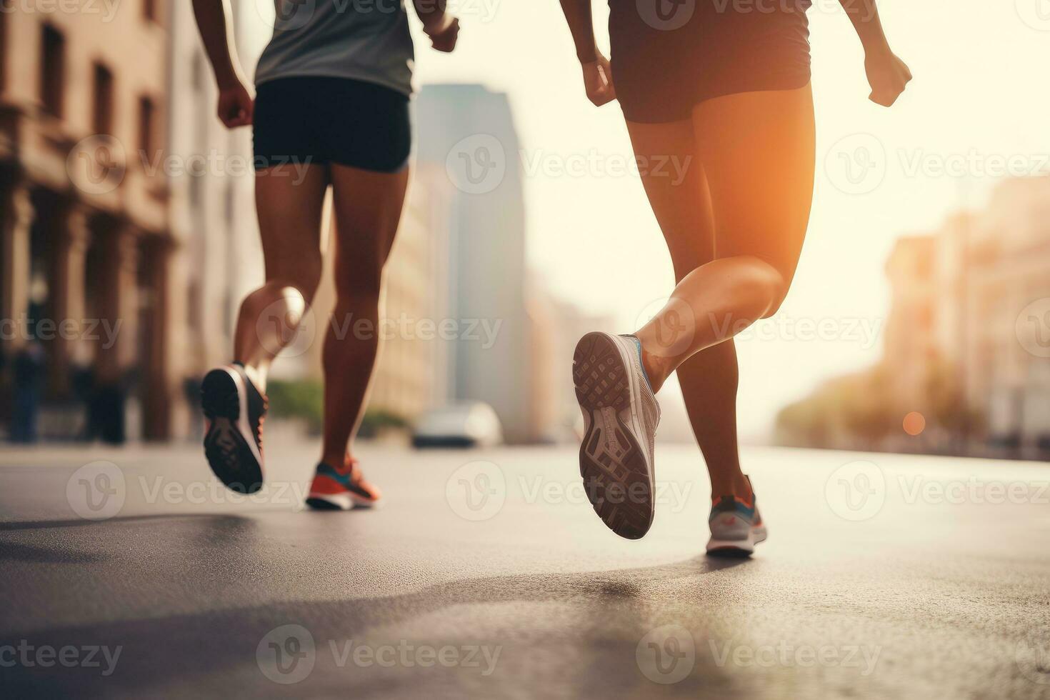 ai generado cerca arriba piernas corredor grupo corriendo en amanecer playa camino, ai generativo foto