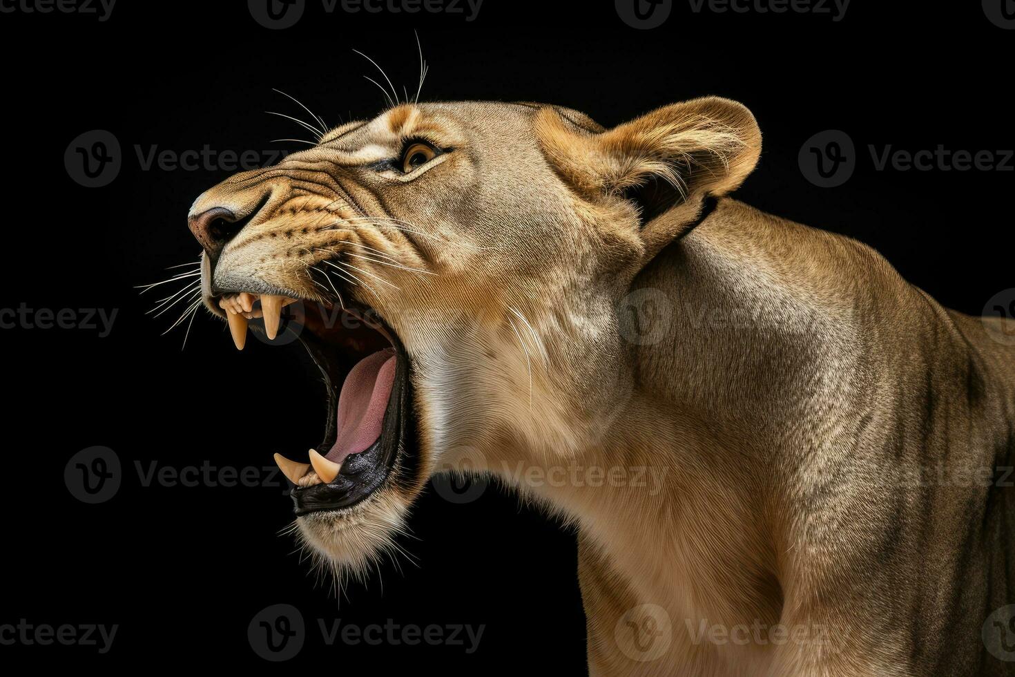 AI generated Close-up of an angry roaring lion ready to attack. Generative AI photo