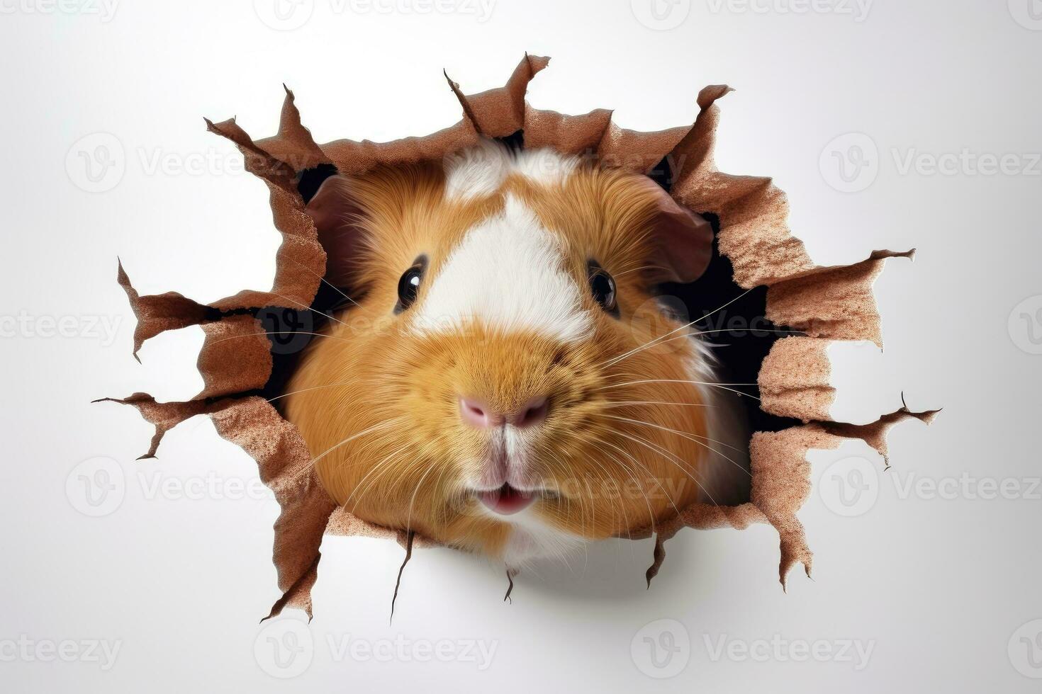 AI generated Cute guinea pig peeking out of a hole in wall for mockup. Generative AI photo