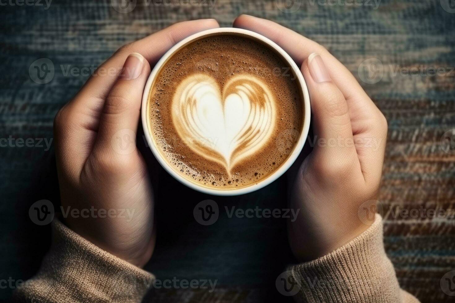 AI generated Female hands holding a cup of coffee with heart foam . Hot coffee with a heart. ai generative photo