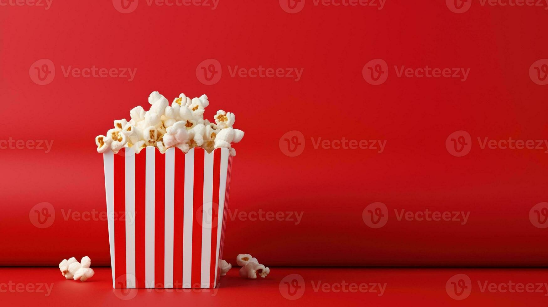 AI generated Striped Box with Popcorn on the Red Background, Copy Space. Snack, Movie, Film, Cinema photo