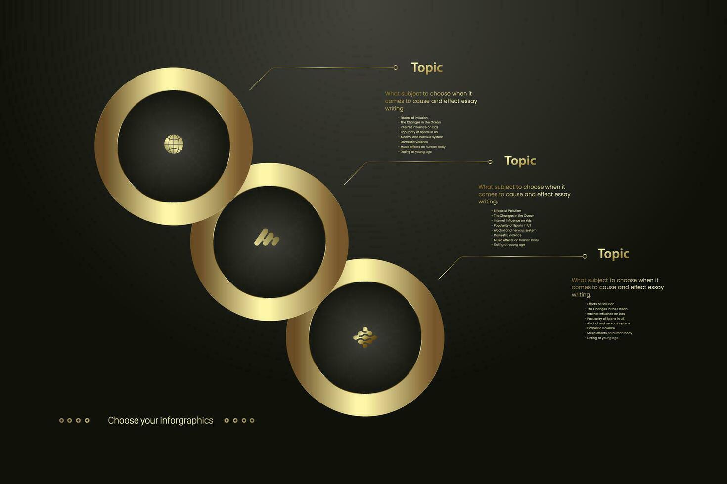 Tres oro circulo botones, prima pancartas, botones en oscuro fondo, conjunto de oro botón en Procesando oro, vector ilustración