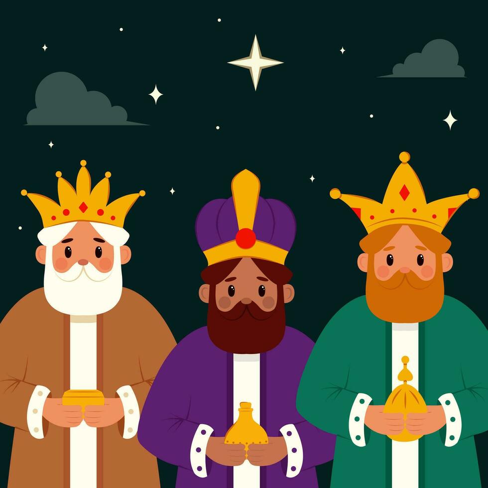 Three kings with gifts heading to the light of the Bethlehem star to meet the newborn King, Jesus Christ. Vector illustration. Biblical scene with the three wise men.