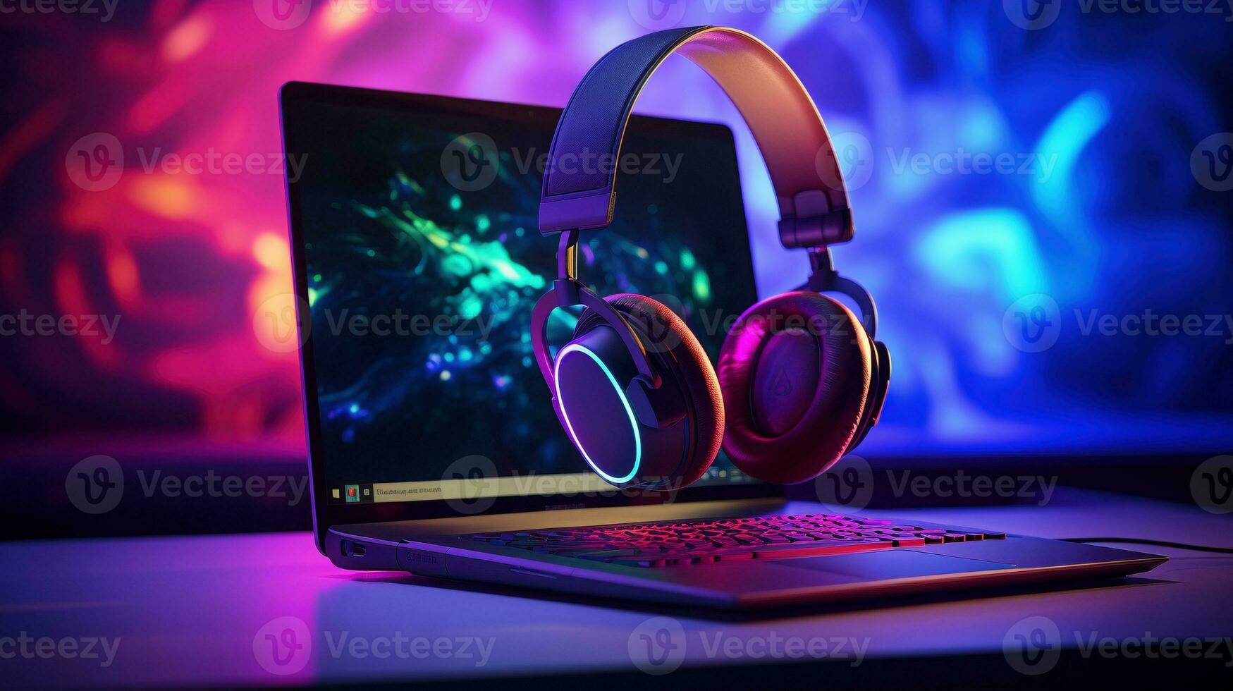 AI generated Pro gamer headset neon ai generated laptop template photo