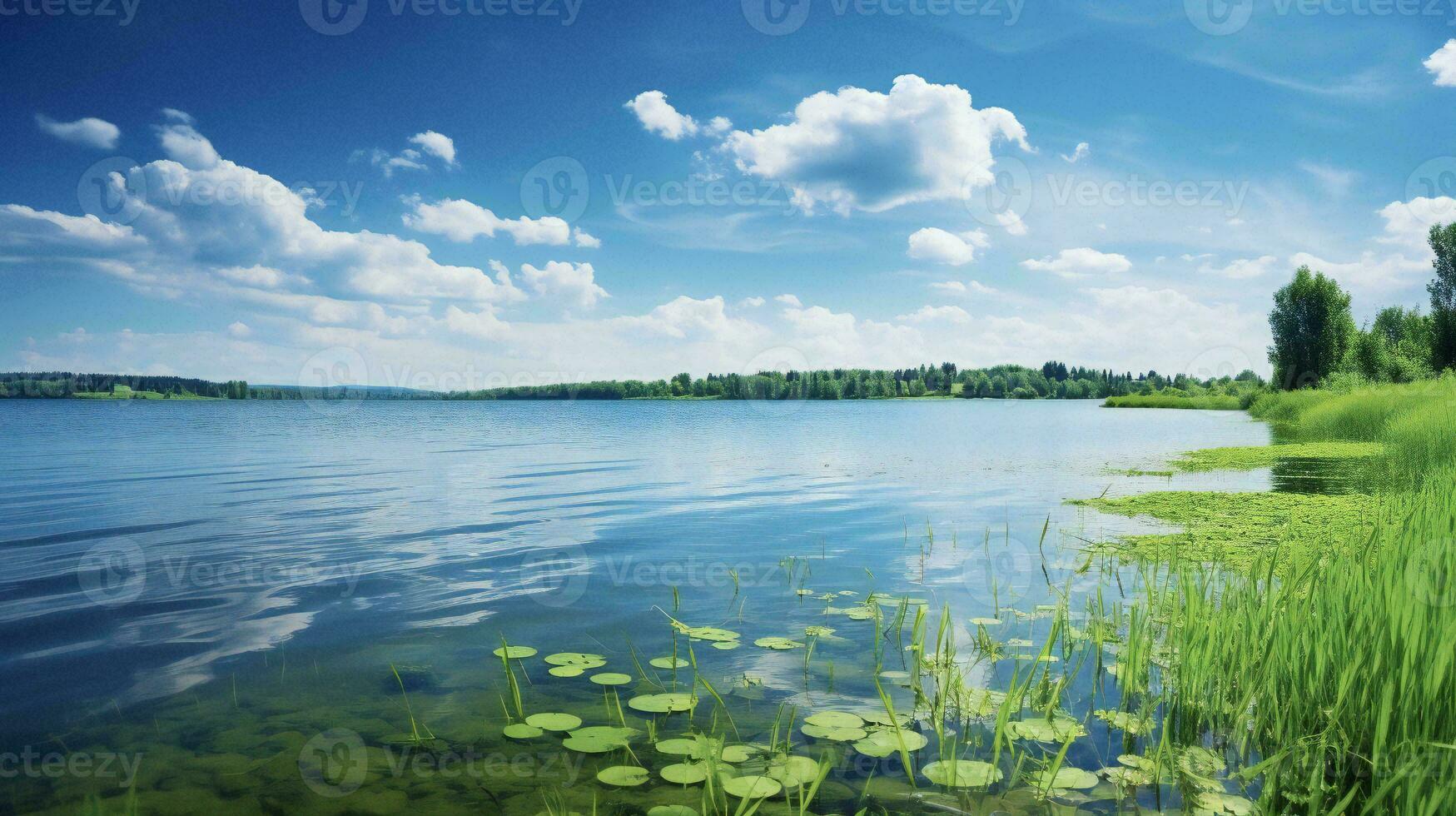AI generated a lake with grass and water lillies photo