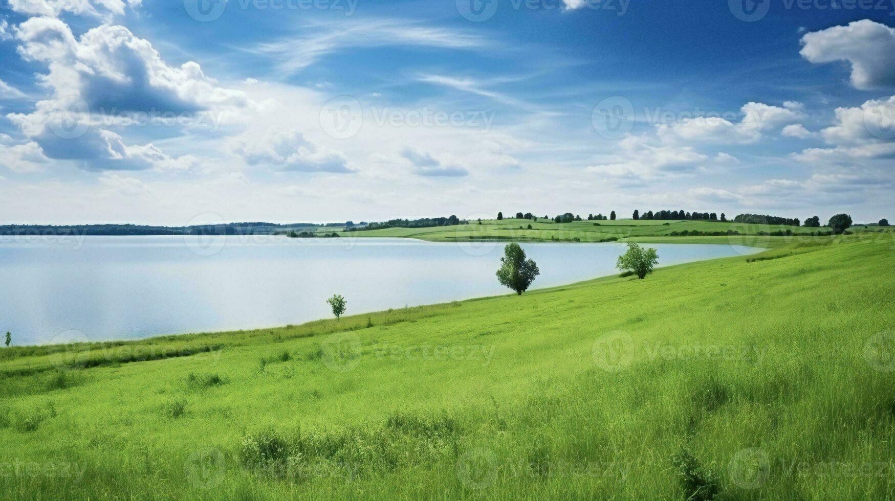 AI generated a beautiful green field with a lake and trees photo