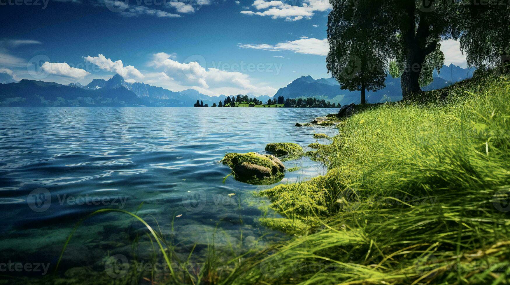 AI generated the lake is surrounded by grass and trees photo
